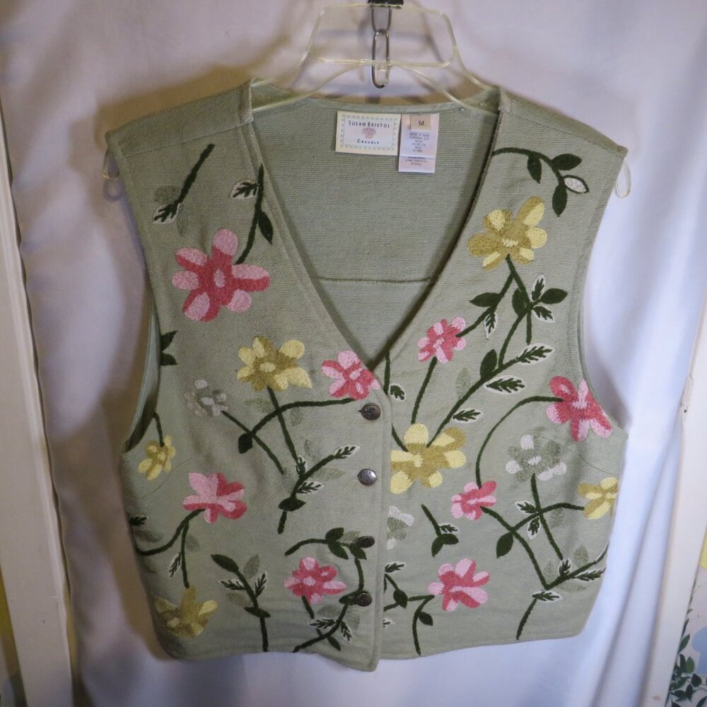 Vintage Susan Bristol Casuals Floral Embroidered Vest 100% cotton - Picture 1 of 9